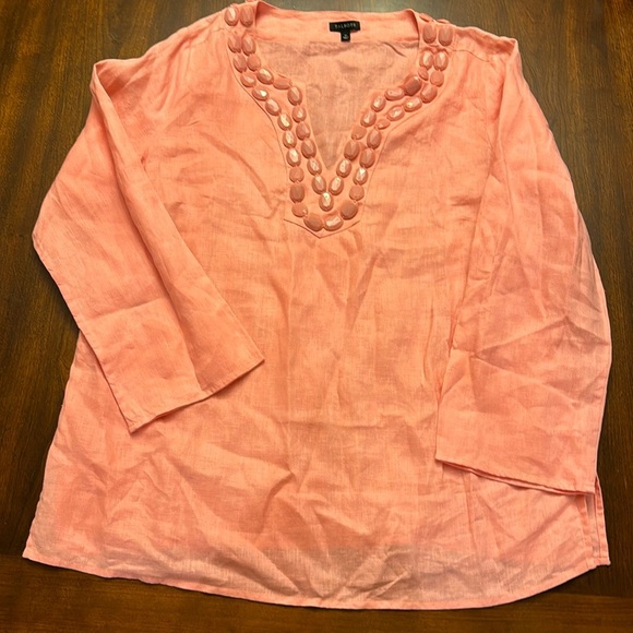 Talbots 100% Linen Pullover Pink Beaded Neckline Tunic - Picture 2 of 9